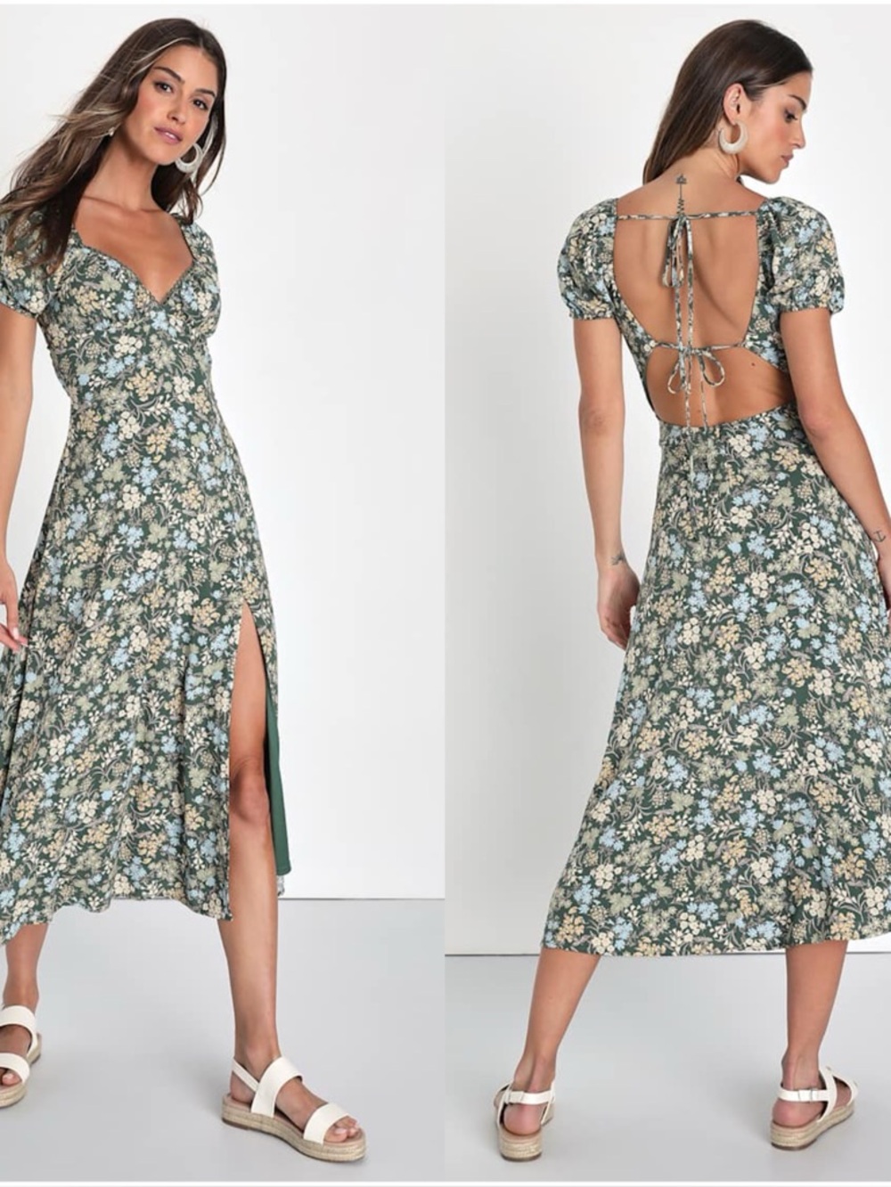 LULUS Meadow Muse Green
Floral Tie-Back Puff Sleeve Midi
Dress